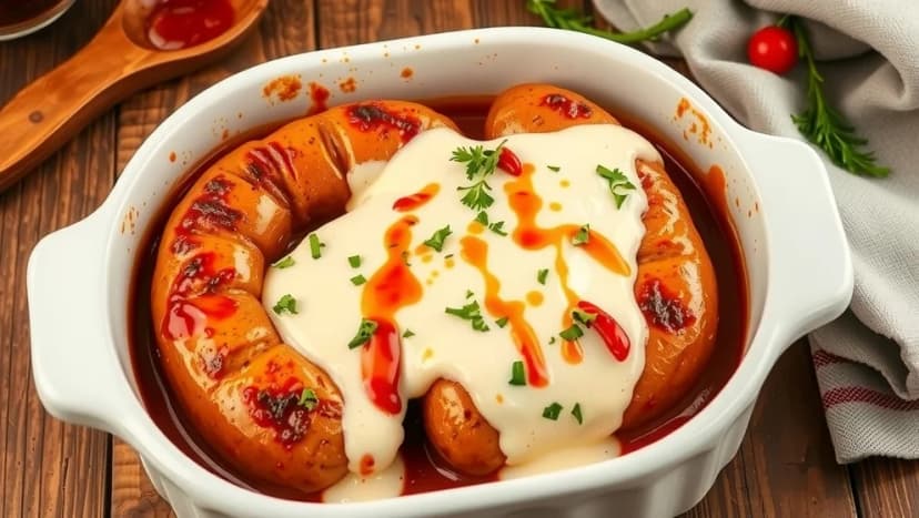 Falukorv i ugn med grädde och chilisås