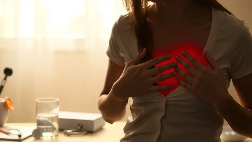 Ont i bröstet höger sida kvinna