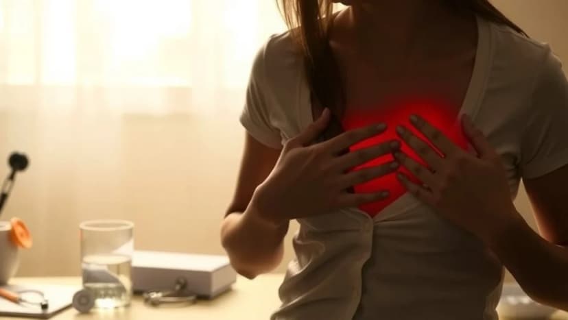 Ont i bröstet höger sida kvinna