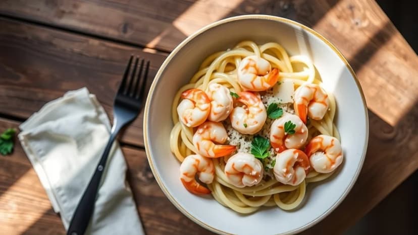 Pasta med räkor och vitlökgrädde hemma